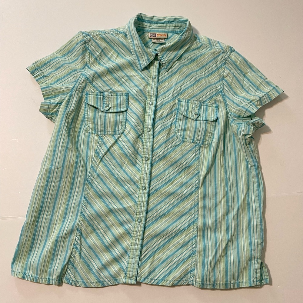 FADED GLORY BLUE WHITE STRIPED STRETCH SHIRT PEARL SNAPS WOMEN'S X LARGE (16/18)